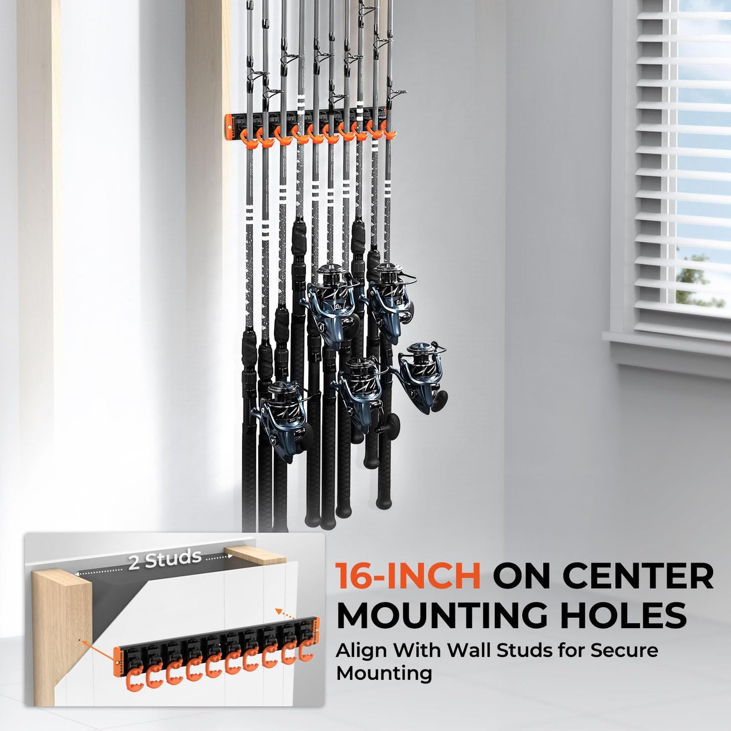 KastKing V10 Pivot Grip Fishing Rod Holder–Adjustable, Space-Saving Wall-Mounted Rod Holder, 10 Polymer-Coated Steel Hooks, Expandable Storage System, Holds 10 Rod & Reel Combos, 1 Pack