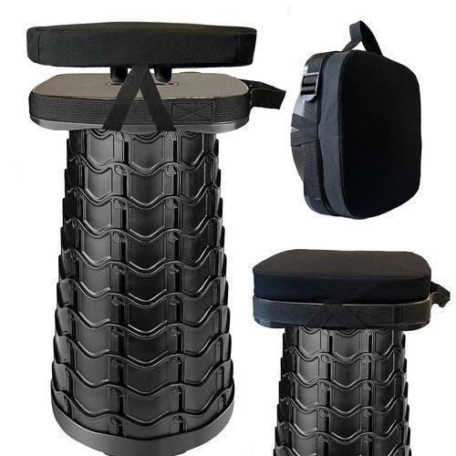 Outward Gear Portable Collapsible Stool Set - Heavy Duty Square Collapsible Stool + Thick Seat Cushion - 550lbs Load Capacity for Camping Picnic Gardening Travel (Black/Black)