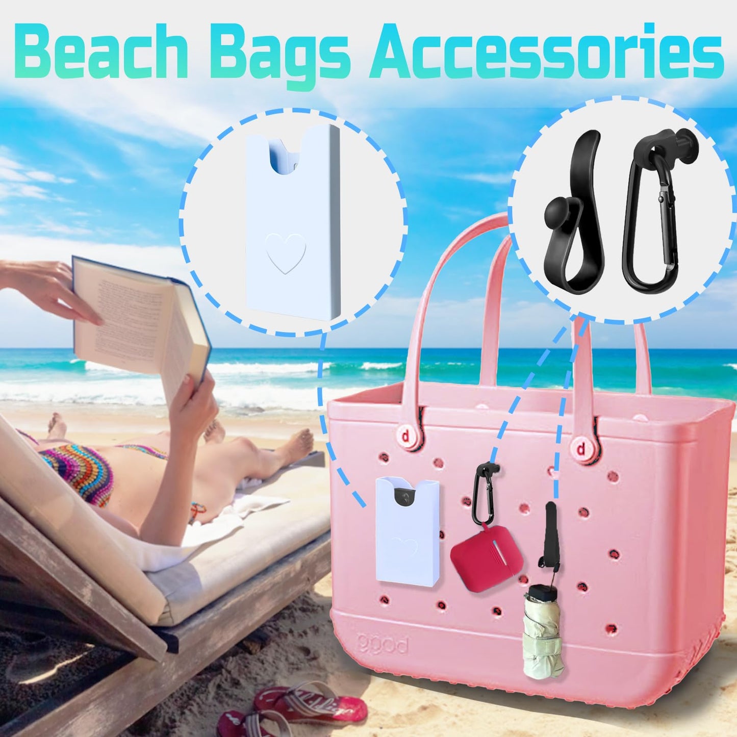 Fabenyok 7PCS Hooks Set and Phone Holder Compatible with Bogg Bag, Plastic Phone Holder for Bogg Bag Accessories, Insert Carabiner Key Holder Charms Fit for Small & Large Beach Bag(White)