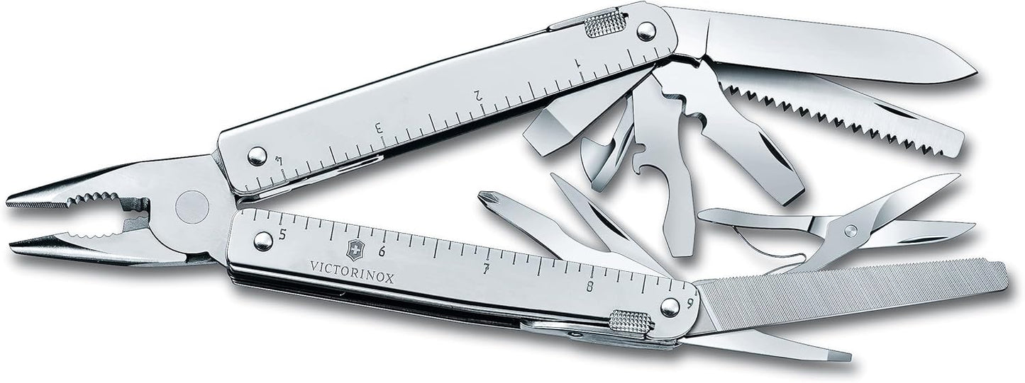 Victorinox Swiss Tool Swiss Army Knife, 24 Function Swiss Made Multi-Tool with Needle-Nose Pliers, Wire Cutters and Large Blade - Silver