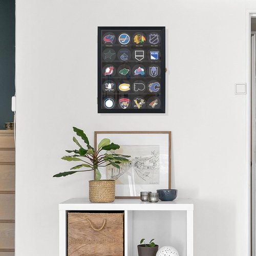 Hockey Puck Display Case Baseball Display Wall Cabinet Acrylic Door Pro 98% UV Protection Pucks not inlcuded, Great for Sport Memorabilia Display