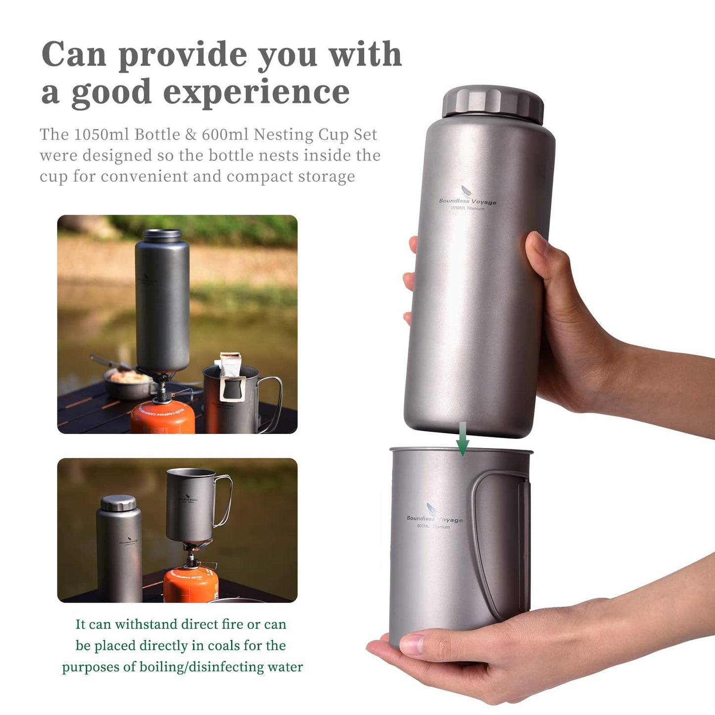 iBasingo 1050ml Titanium Bottle with 600ml Nesting Cup Outdoor Camping Single Layer Wide Mouth Cookware Lightweight Portable Bottle Mug Set Hiking Picnic Solo Cooking Mess Kit Ti3007D