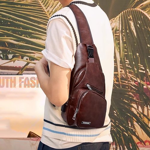 Peicees Pack of 2 Large&Medium Leather Sling Bag Mens Crossbody Bag Chest Bag Sling Backpack for Men with USB Charge Port, Classic Large Dark Brown & Classic Medium Black