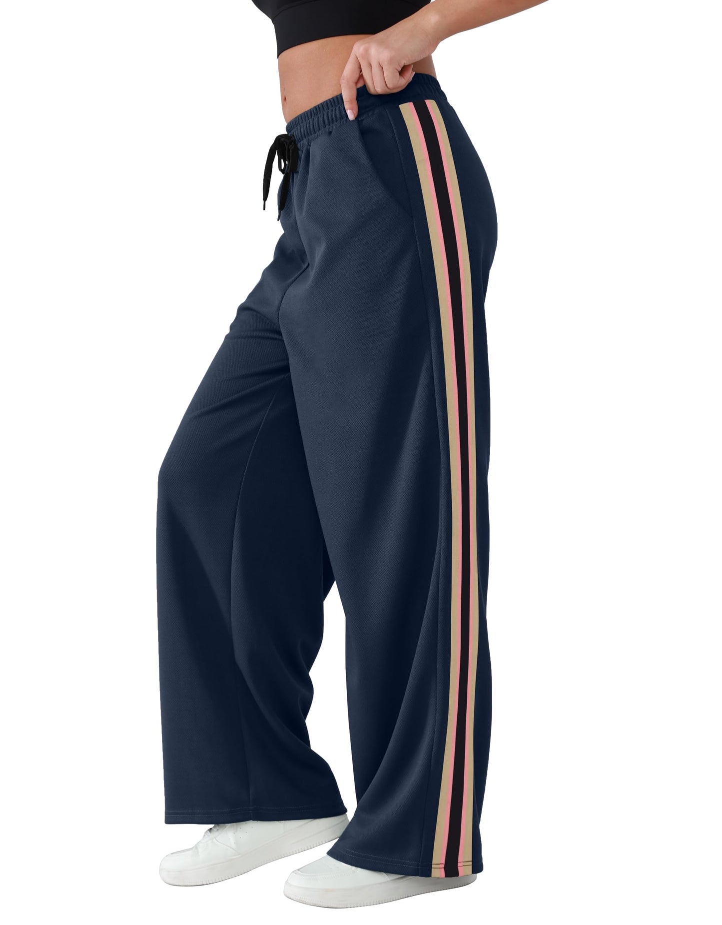 YIPINK Women's Wide-Leg Track Pants with Pockets - High Waist Athletic Pants Navy