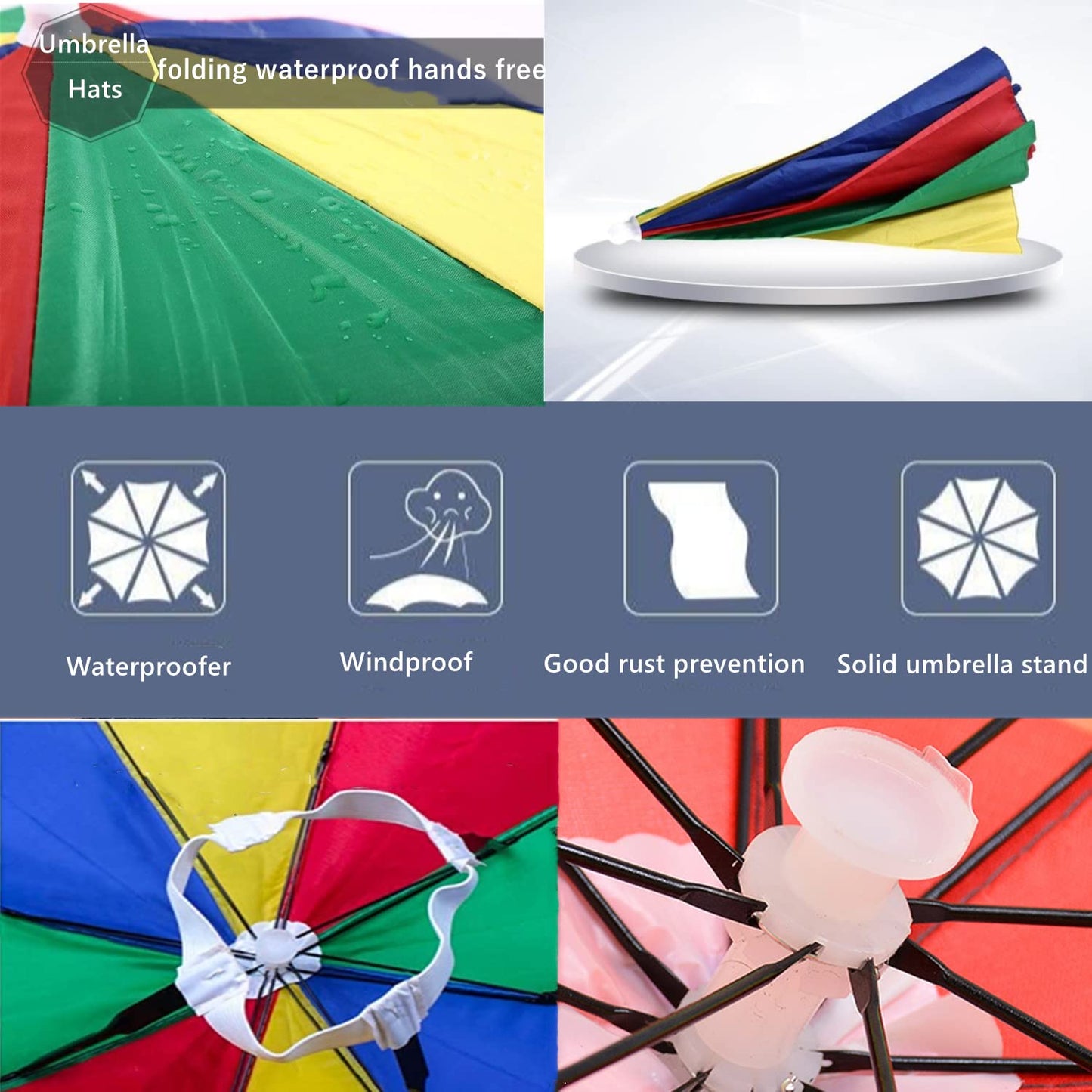 3 Pack Umbrella Hat for Adult, 26" Diameter Rainbow Sports Head Umbrella Hats for Women Men, Folding Waterproof Fishing Headwear for Outdoor Party Beach Hiking