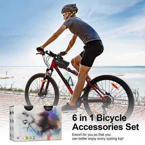 SODPE 6 Pack Bike Accessories Including Bicycle Light Front and Rear, Bike Frame Bag, Bicycle Chain Lock, Bikes Water Bottle Cage, Bicycles Bell for Adult Kids Road Mountain Bikes