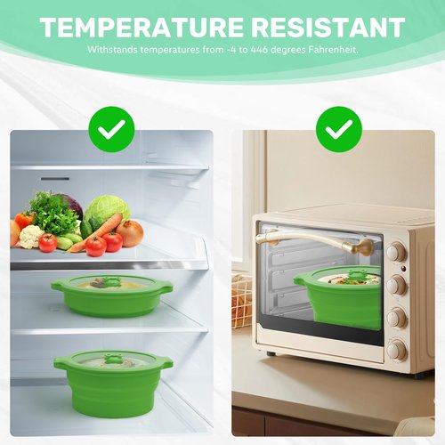 MORSNE Collapsible Silicone Bowls with Lids for Camping, Microwave, Travel & Outdoor Hiking - Green 2 Pack (0.8L+1.4L)