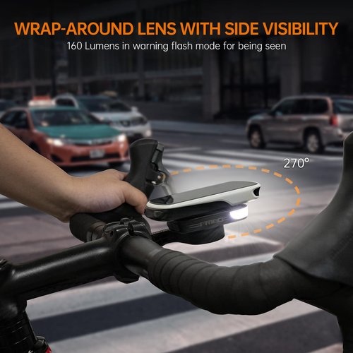 RAVEMEN FR160 Compatible with Garmin Bike Computer, Bike Light for Being Seen, Compact Flashing Light for Bike Safety with 6 Modes, Side Visibility (Patent Protected)