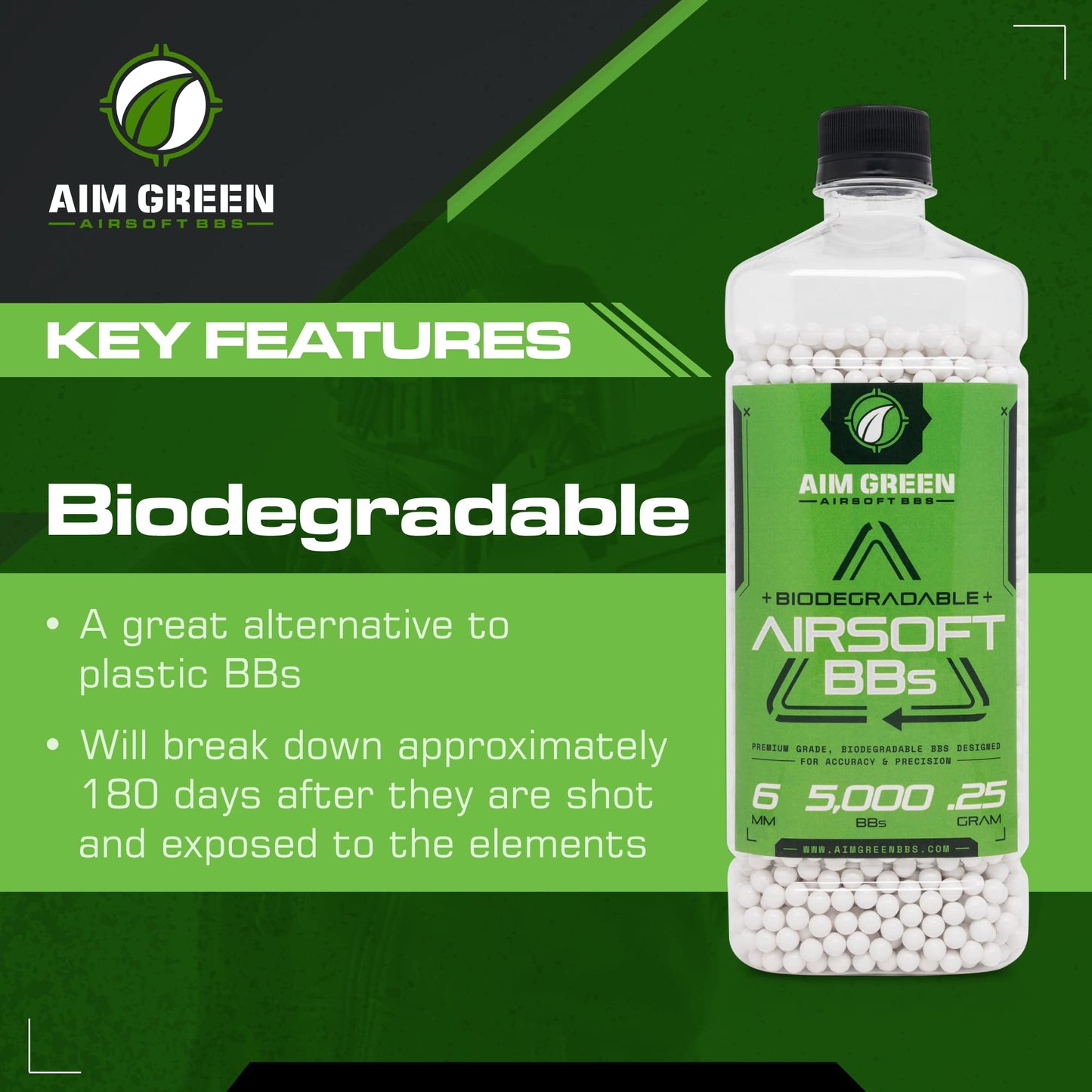 Aim Green Biodegradable Airsoft BBS, Premium-Grade 6mm Airsoft BBS, 20g, 25g, 32g, 36g, 40g, 2,500, 5,000, 10,000 Count