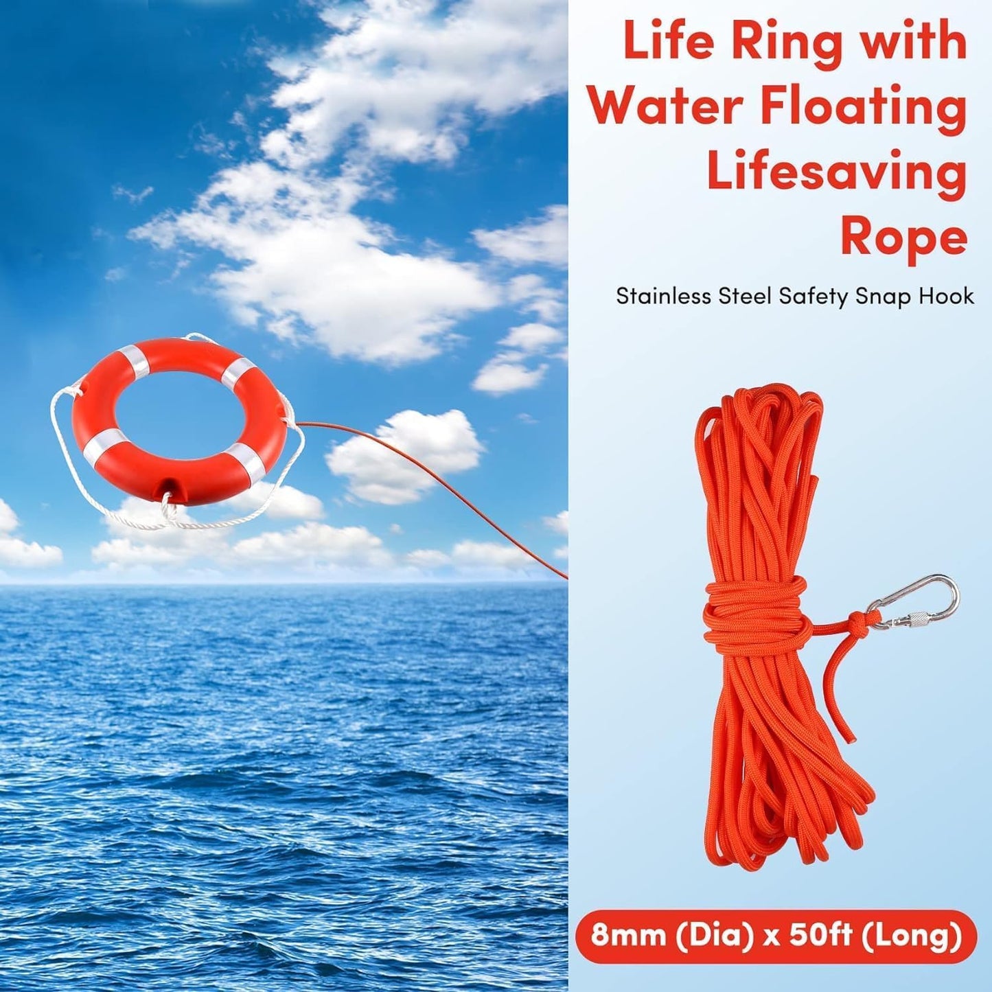 23" Life Ring with Floating Lifesaving Rope 50’ for Boating Safety, Boat Throw Rings with Reflective Strip,Orange Throw Ring with Grab Lines