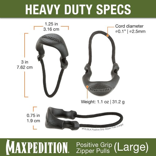MAXPEDITION Positive Grip Zipper Pulls (Large, Black) Pack of 6, Zipper Pull Replacement for Tactical Backpack, EDC Pouch, Bug Out Bag & Luggage, Sling Pull Tab, PZLBLK
