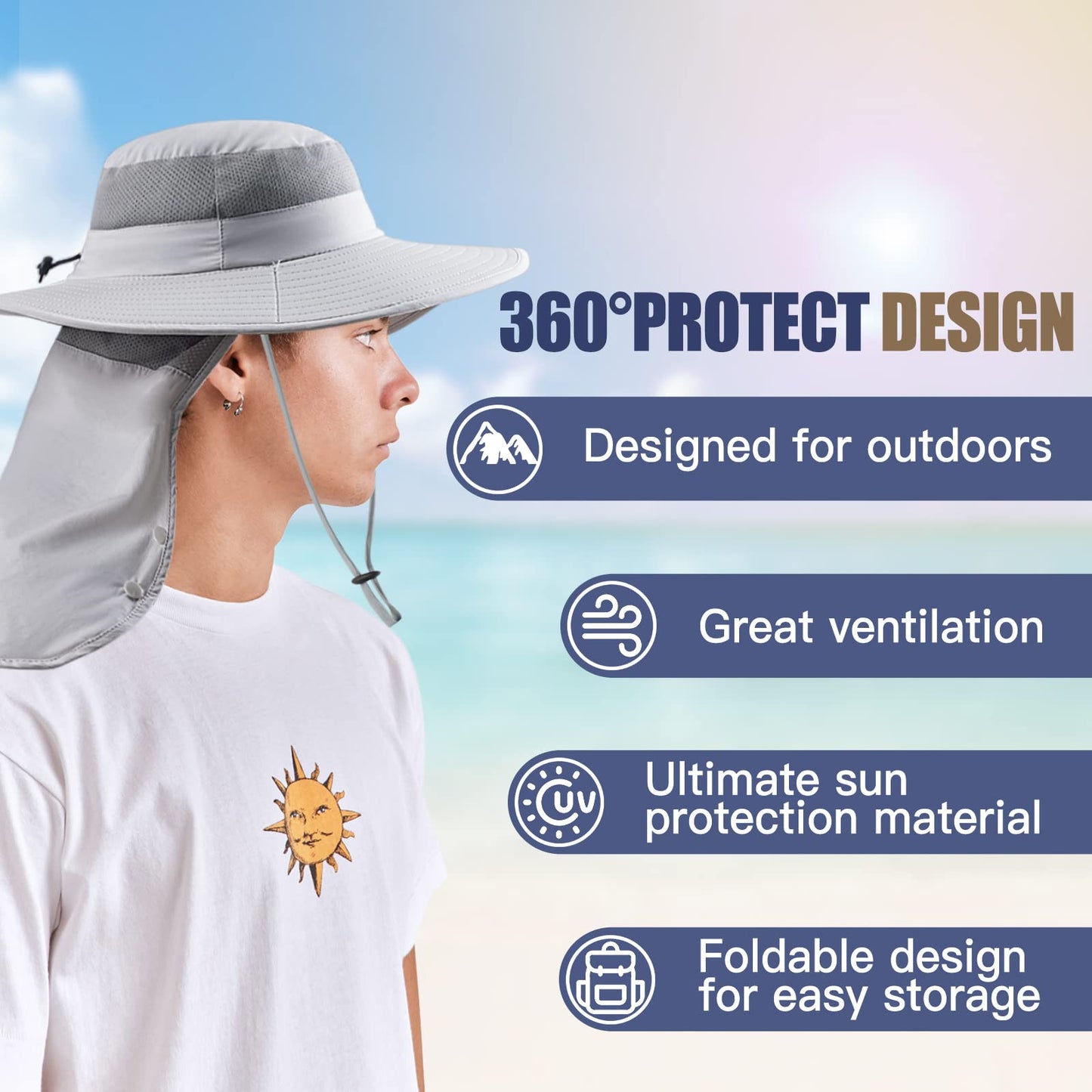 Sclzoed Fishing Hat for Men，Outdoor Sun Hat UPF52+ Mesh Wide Brim Fishing Hat with Neck Flap Light Gray
