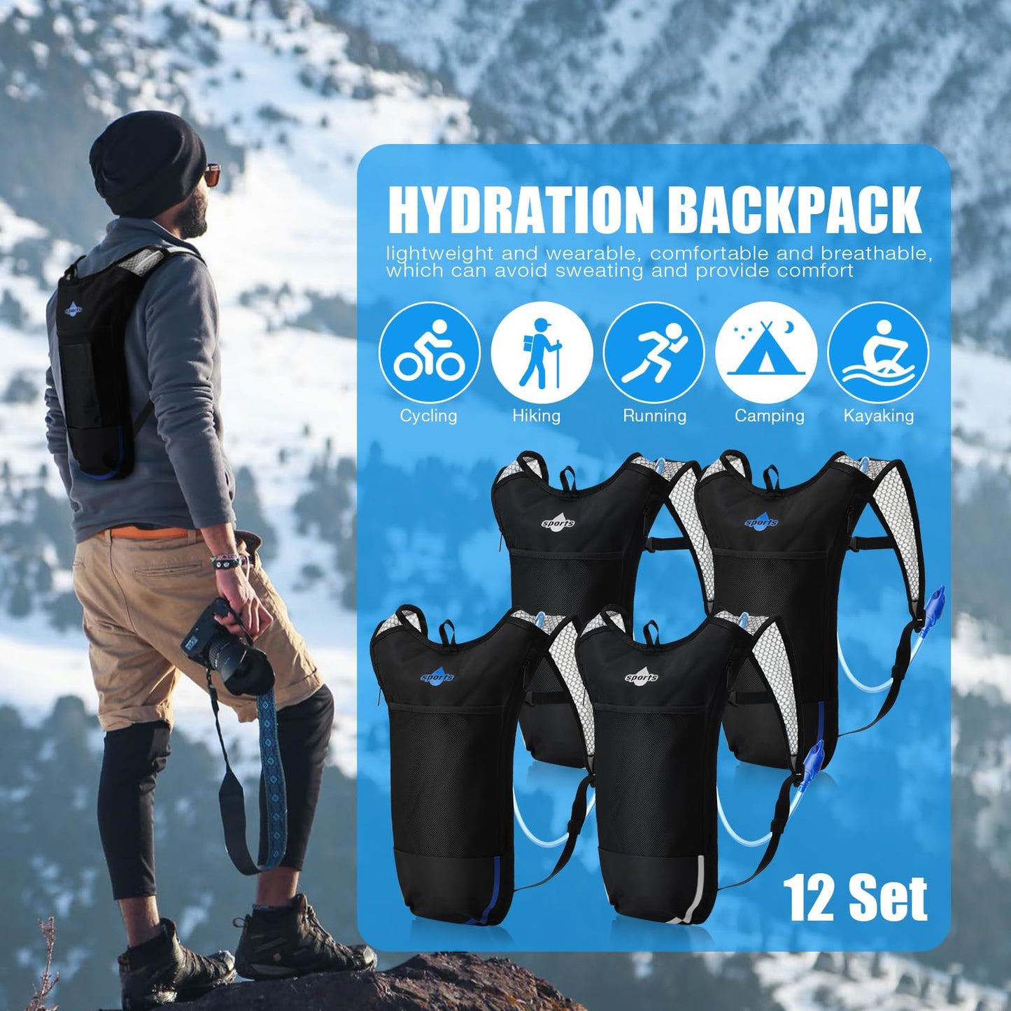 Sweetude 8 Pcs Hydration Backpack Set with 2L Water Bladder for Men and Women Lightweight Water Pack for Cycling Biking Hiking Running Climbing