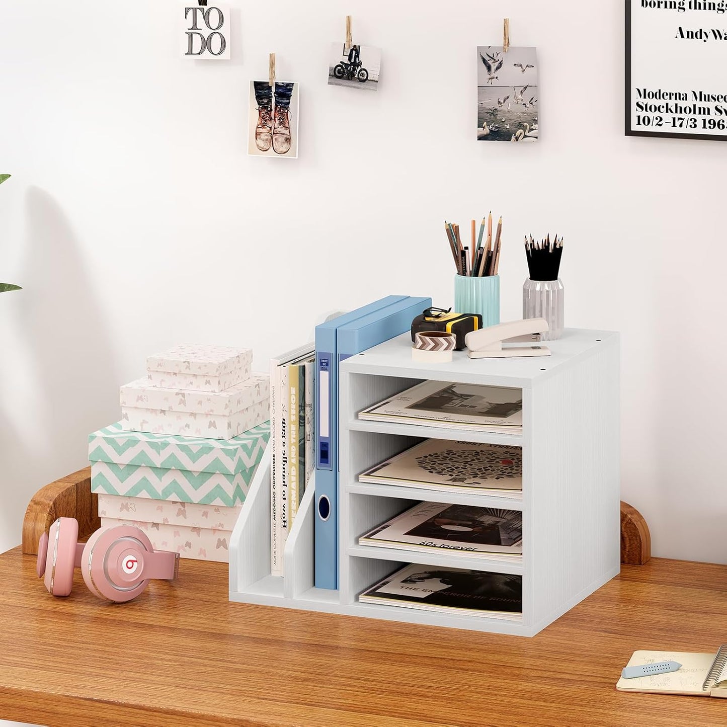 Wood Desk Organizer File Holder, Wooden Mail Organizer Countertop with Adjustable Compartments, Desktop File Organizer Paper Sorter for Home, Office and School, Envelope Organizer, Black