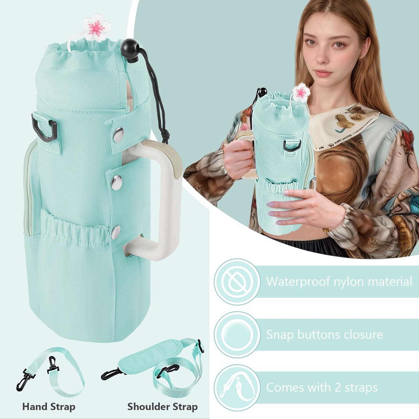2win2buy Stanley Tumbler Carrier Bag - Water Bottle Holder with Strap - Sling Bag for 40 oz Cup - Green, Floral Pattern