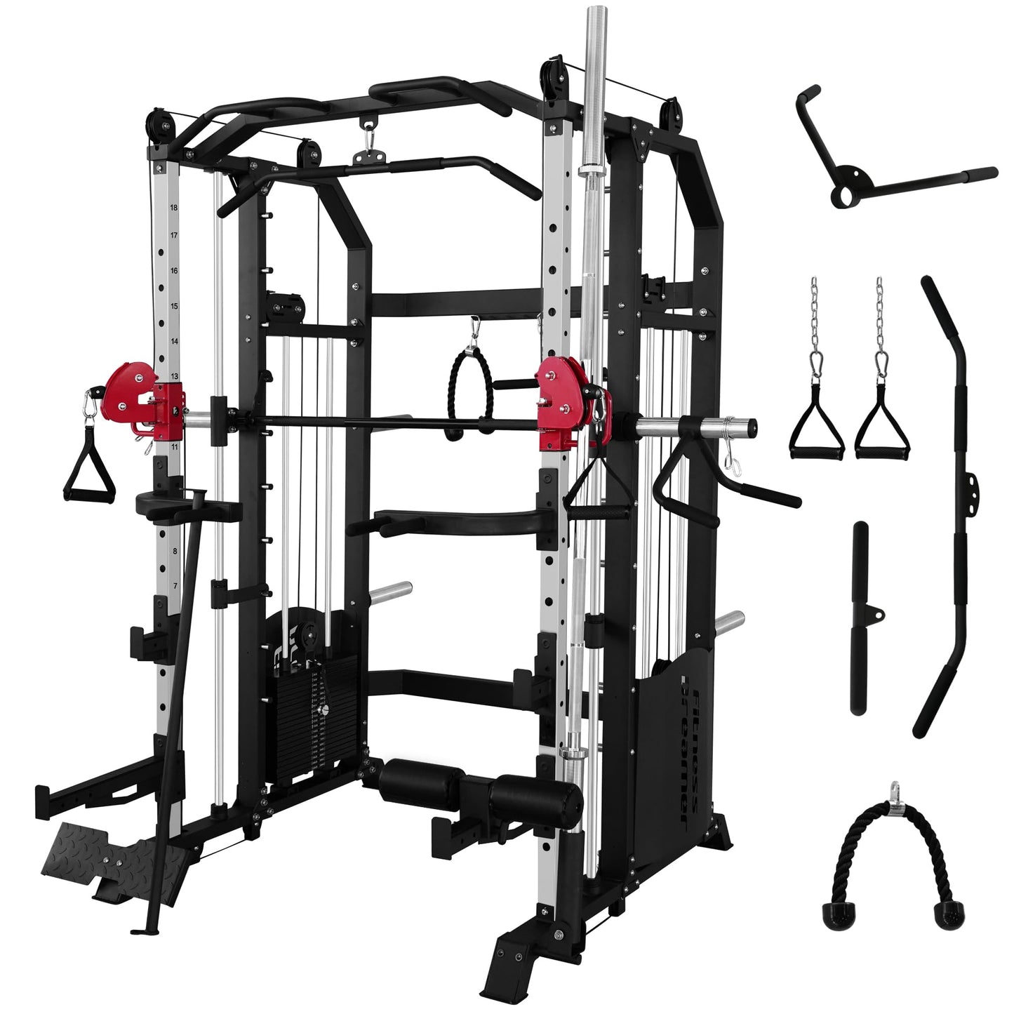 Fitness Dreamer All-in- One Strength Training Smith Cage, Squat Rack, Leg Hold-Down, LAT Pull-Down, 440 lbs Weight Stack for Home Gyms, Red, 86.61″Lx66.93″Wx87.80″H