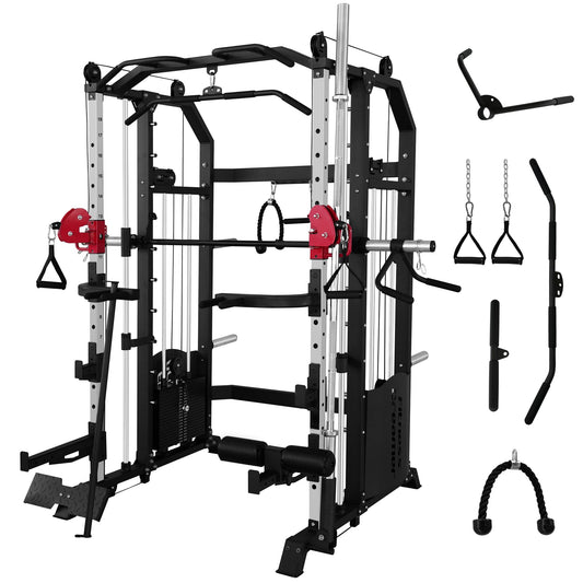 Fitness Dreamer All-in- One Strength Training Smith Cage, Squat Rack, Leg Hold-Down, LAT Pull-Down, 440 lbs Weight Stack for Home Gyms, Red, 86.61″Lx66.93″Wx87.80″H