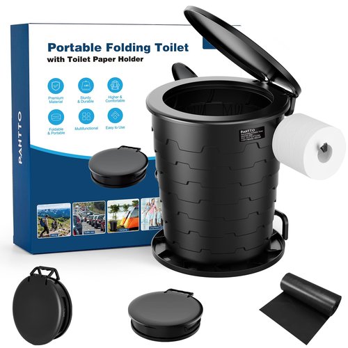 PAHTTO Portable Toilet for Adults, Retractable Porta Potty for Camping, Fishing, RV Travel, Road Trips with Toilet Paper Holder and Lid, Adjustable Height