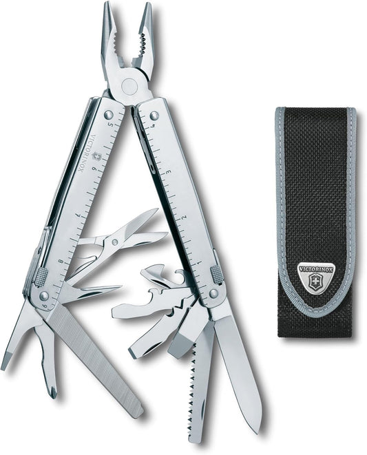 Victorinox Swiss Tool Swiss Army Knife, 24 Function Swiss Made Multi-Tool with Needle-Nose Pliers, Wire Cutters and Large Blade - Silver