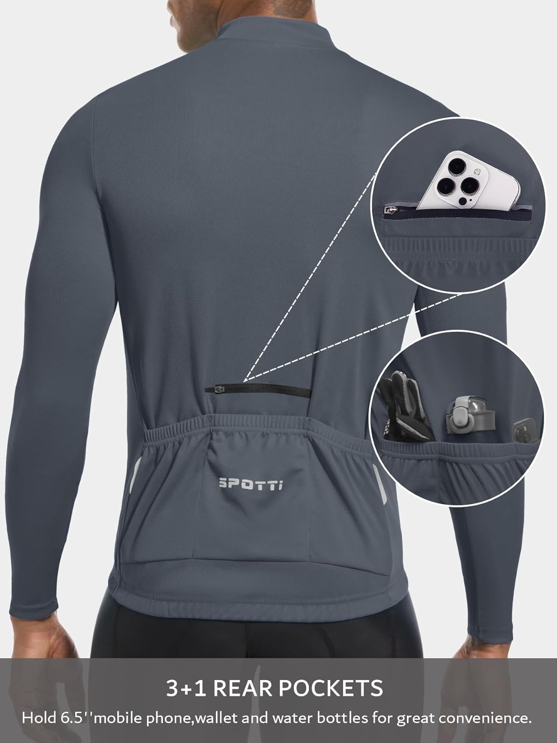 Spotti Men's Cycling Bike Jersey Long Sleeve with 3 Rear Pockets - Moisture Wicking, Breathable, Quick Dry Biking Shirt