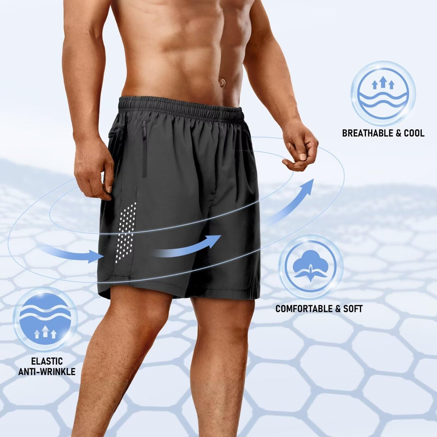 FIONECA 2 Pack Mens Athletic Shorts Quick Dry 7 Inch Running Shorts Breathable Mesh Gym Workout Shorts with Zipper Pockets(Black&Dark Gray,L