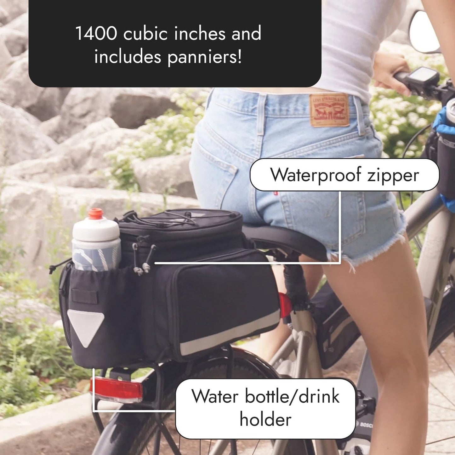 BiKase Big Momma Bike Trunk Bag - Universal Fit Medium Rear Rack Bag with Side Pockets, Top Bungee, Mesh Pocket, Key Holder & Reflective Accents - Spacious Bicycle Rack Bag for Ebikes & Bicycles