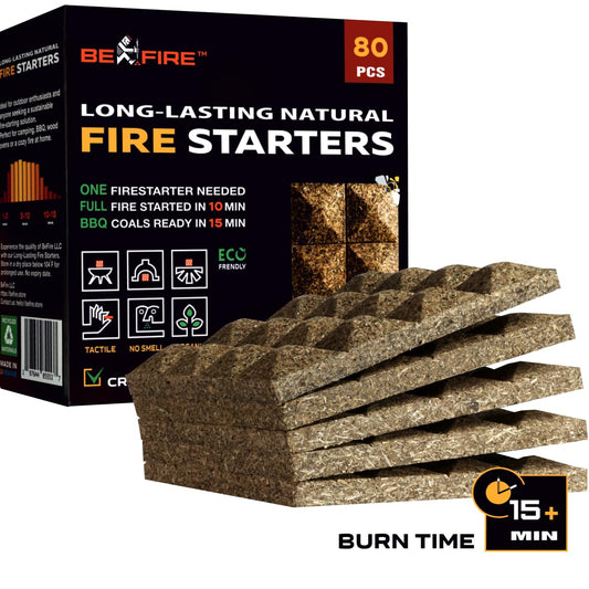 Fire Starter • 80 pcs Natural Fire Starters 15+ Min Burn Time Firestarters for Indoor Fireplace, Campfires & Camping, Wood Stove, Grill • Water Resistant and Long-Lasting