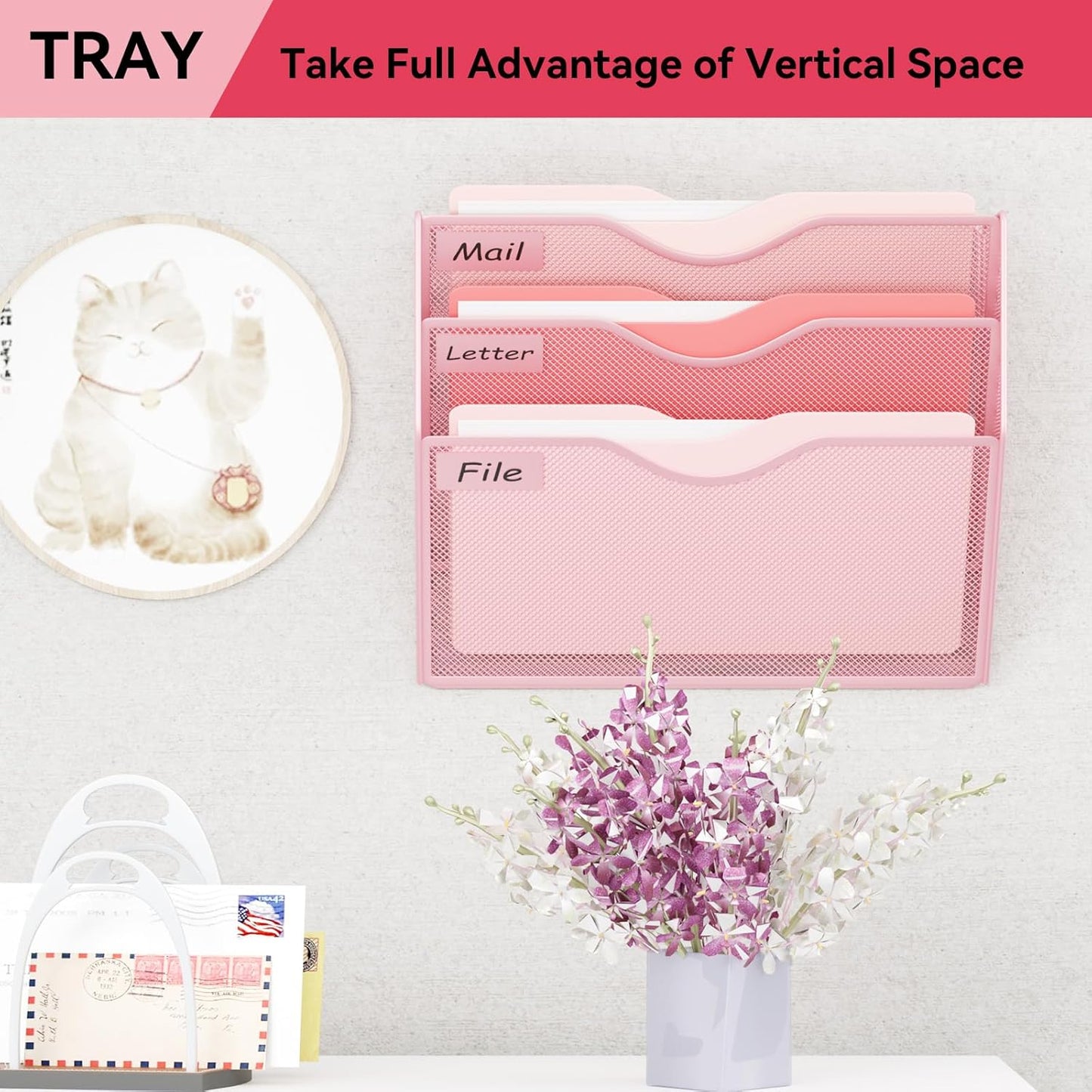 5 Pockets Mesh Hanging Wall File Holder Organizer Wall Mounted Paper Magazine Rack, Black