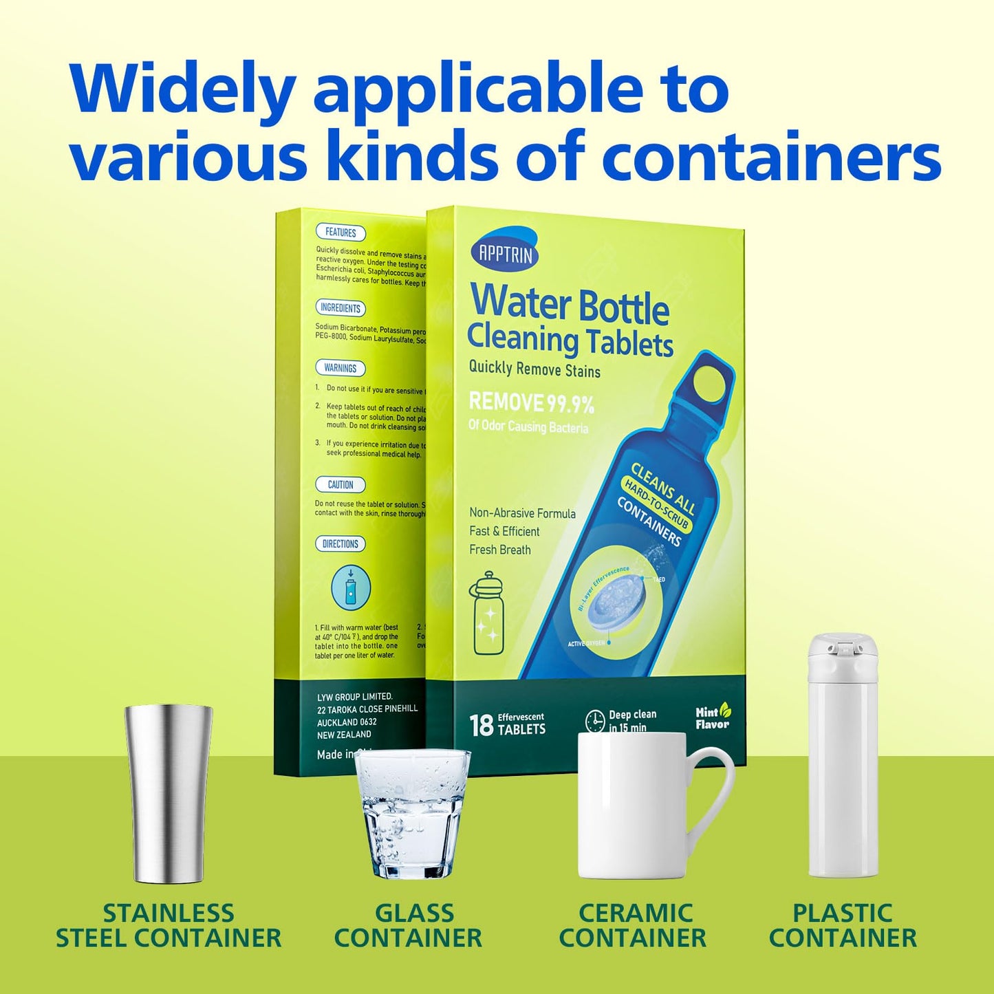 apptrin Water Bottle Cleaning Tablets, 18 Pack Bottle Clean Tablet Hydration Bladder Cleansing Tablets for Hydration Bladder, Water Bottle, Individually Packed, Mint Flavor