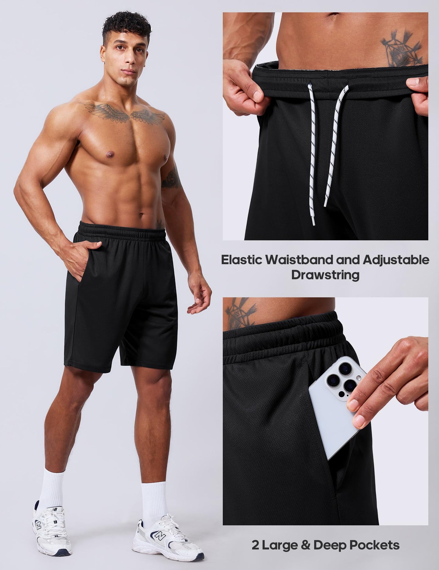 Vlynor Men's Athletic Shorts 9 Inch Inseam - Quick Dry Mesh Basketball Shorts Men, Lightweight Mens Gym Running Shorts with Pockets (Black, Small)