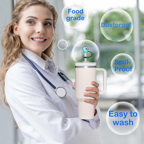 Nurse Straw Covers Cap 12 Pcs for Stanley Cup 30&40 Oz, Tumbler, Water Bottle Silicone Straw Toppers Fit 10mm Reusable Straws, Cute Nurse Gifts