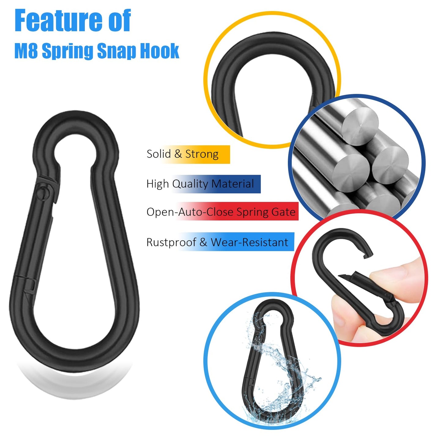 AODESTINY 50PCS 3" Black Spring Snap Hook, Heavy Duty Spring Snap Carabiner Clip for Swing and Gym, 500lbs Capacity Quick Links Carabiner Clips for Hammock, Camping, Hiking, Water Bottle & Backpack