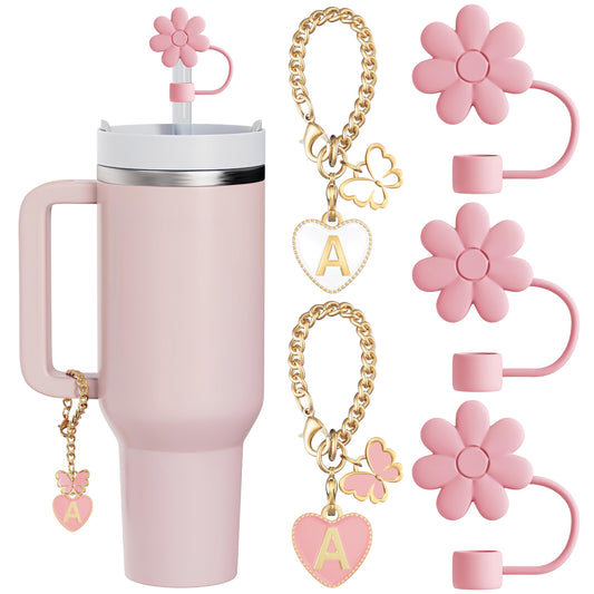 ANLABESY Compatible with Stanley Cup Accessories, 3PCS Hot Pink Straw Toppers for Stanley Cup Straw Cover Cap, 2PCS Cute Letter for 30&40 Oz Tumbler with Handle(A)