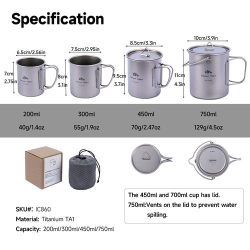iClimb Titanium Cup Camping Coffee Mug Ultralight Compact with Foldable Handle (450ml)