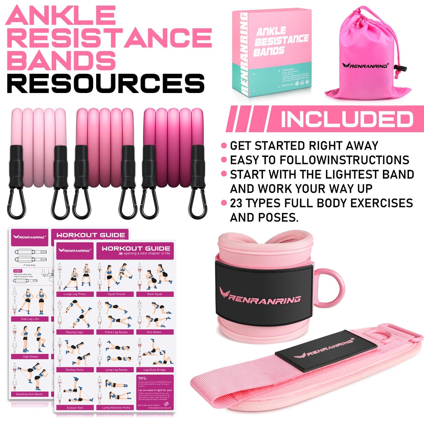 Ankle Resistance Bands with Cuffs, Ankle Bands for Working Out, Home Gym Workout Equipment, Butt Exercise Equipment Booty Bands Exercise Bands for Women Legs and Glutes