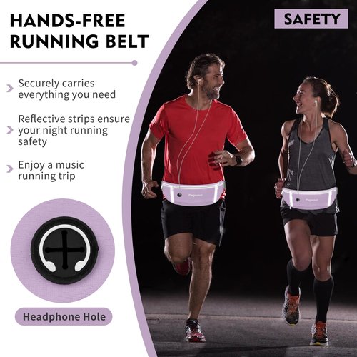 Peginmol Slim Running Belt Fanny Pack, Waist Pack Bag for Women Men, Running Pouch for Phone Waterproof Reflective with 3 Pouches, Running Phone Holder for Sports, Traveling (Purple)
