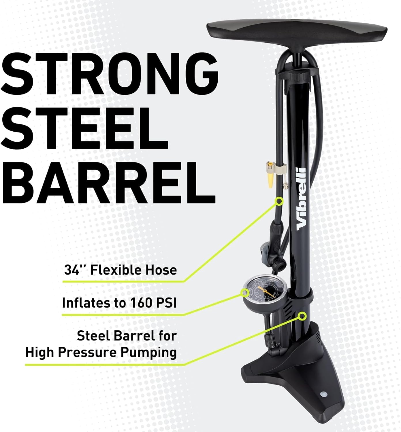 Vibrelli Bike Floor Pump with Gauge - High Pressure 160 PSI, Presta & Schrader Compatible + Glueless Puncture Kit