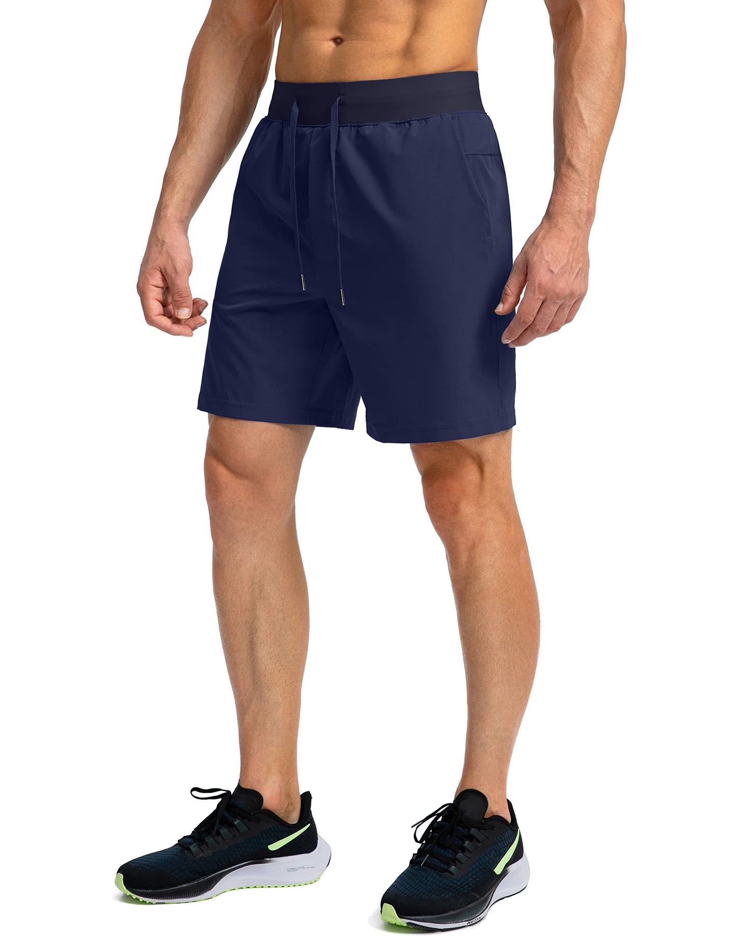 Soothfeel Men's Running Shorts with Zipper Pockets 7 Inch Lightweight Quick Dry Gym Athletic Workout Shorts for Men (Navy, L)