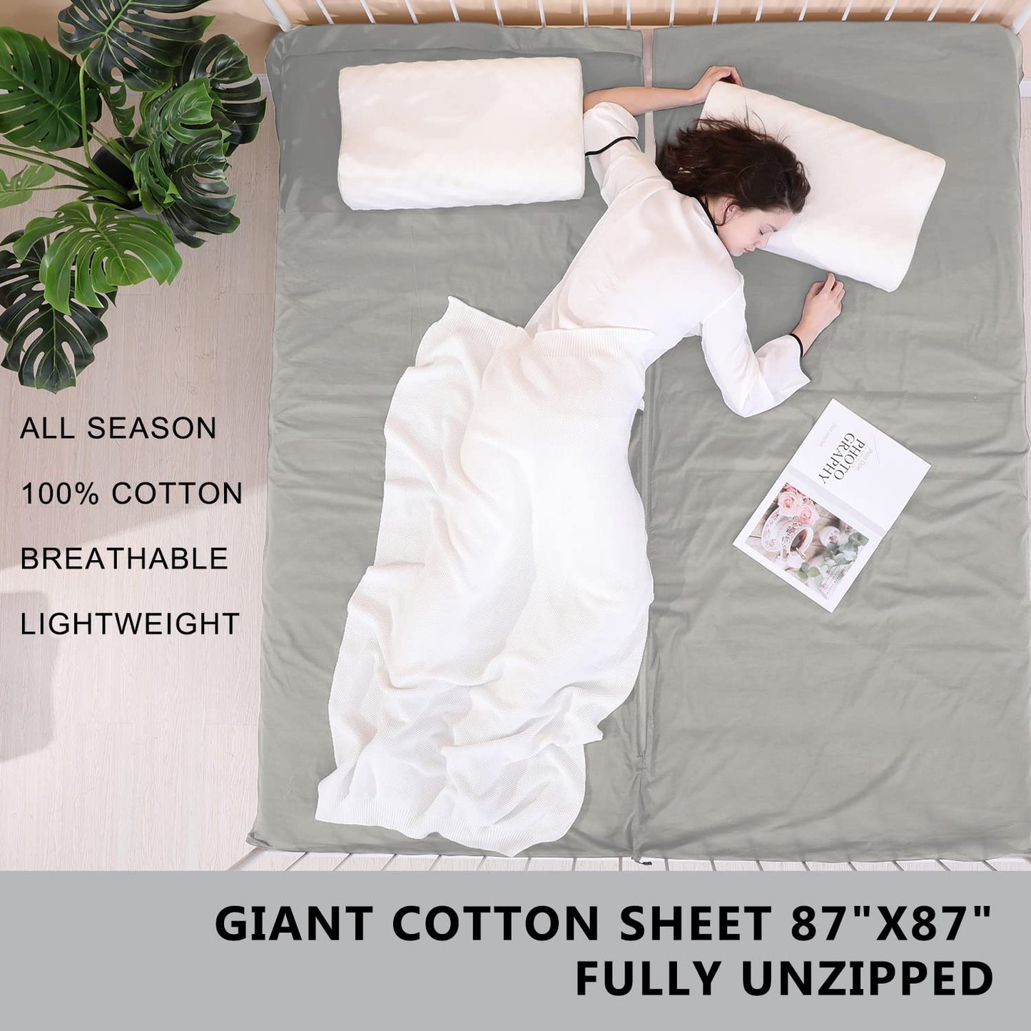 EXERMIL 100% Cotton Sleeping Bag Liner with Full Length Zipper on 3 Sides; Single/Double Adult Sleep Sack for Travel & Camping, Multifunctional Travel Sheets (Unzipped 87”x87”) for Hotel, Lightweight