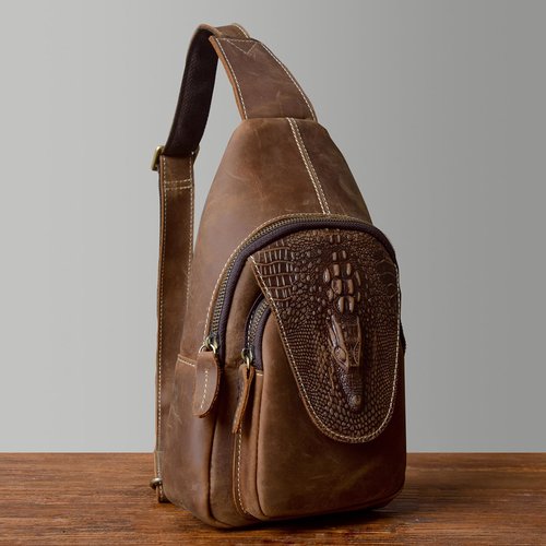Myunxui Genuine Leather Sling Bag for Men Women Backpack Chest Shoulder Satchel Crossbody Bags Casual Outdoor Daypack Deep Brown