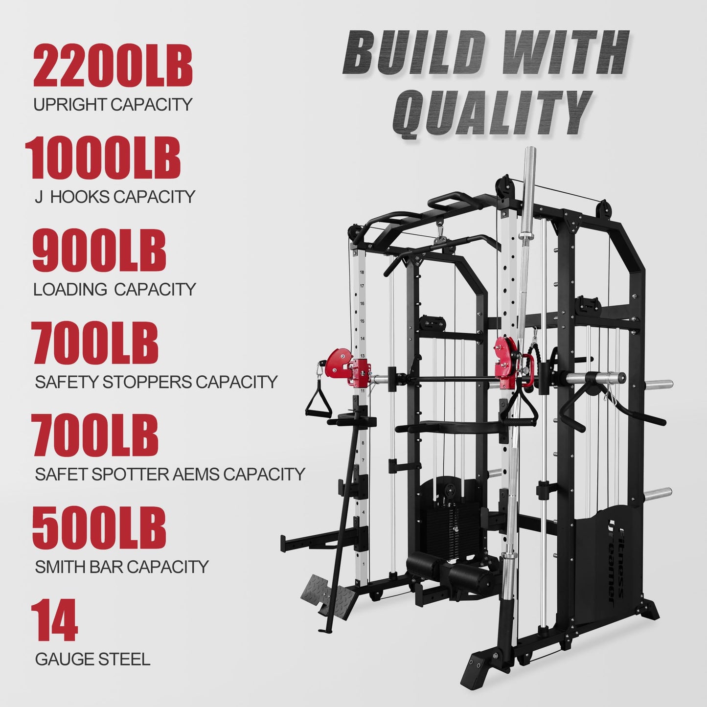 Fitness Dreamer All-in- One Strength Training Smith Cage, Squat Rack, Leg Hold-Down, LAT Pull-Down, 440 lbs Weight Stack for Home Gyms, Red, 86.61″Lx66.93″Wx87.80″H