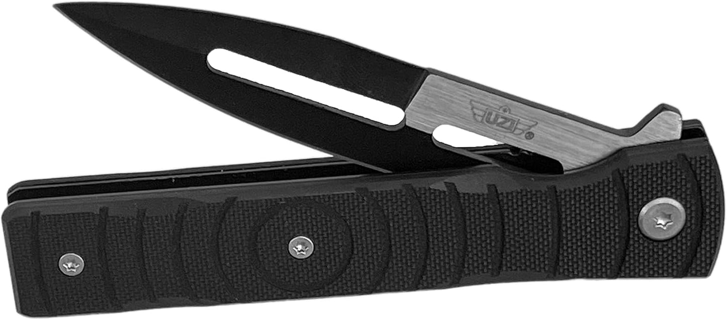 Uzi UZK-FDR-009 Covert Folding Knife with Straight Edge Stainless Steel Blade and Aluminum Handle with Metal Clip and Spring Assist, Survivor Tool, for Outdoor Trips, Camping, Fishing, Hunting, Black