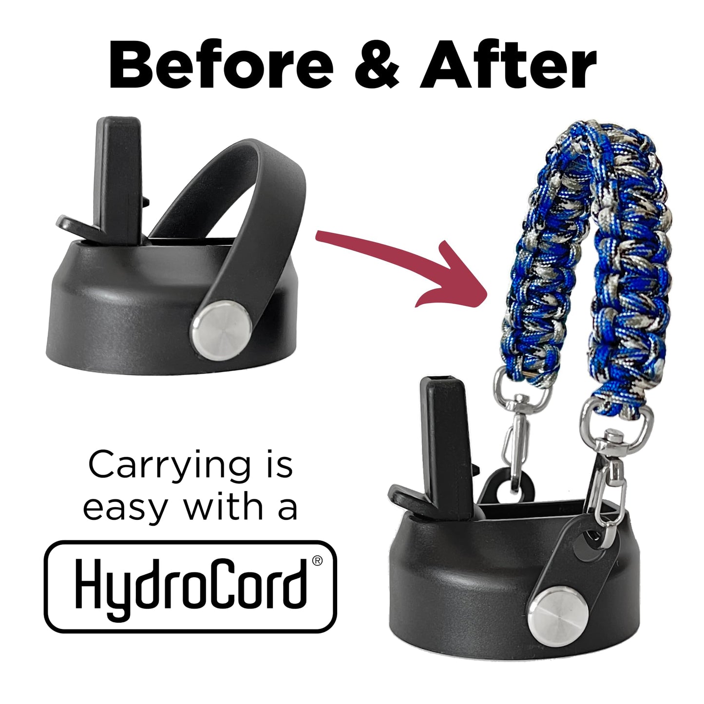 Gearproz HydroCord 3.0 H, Replacement Handle and Clips for Hydroflask Lids with Rivets, Fits Wide Mouth Bottles 12oz-64oz, Shoulder Strap, Water Bottle Handle, Durable Carrier (Black)