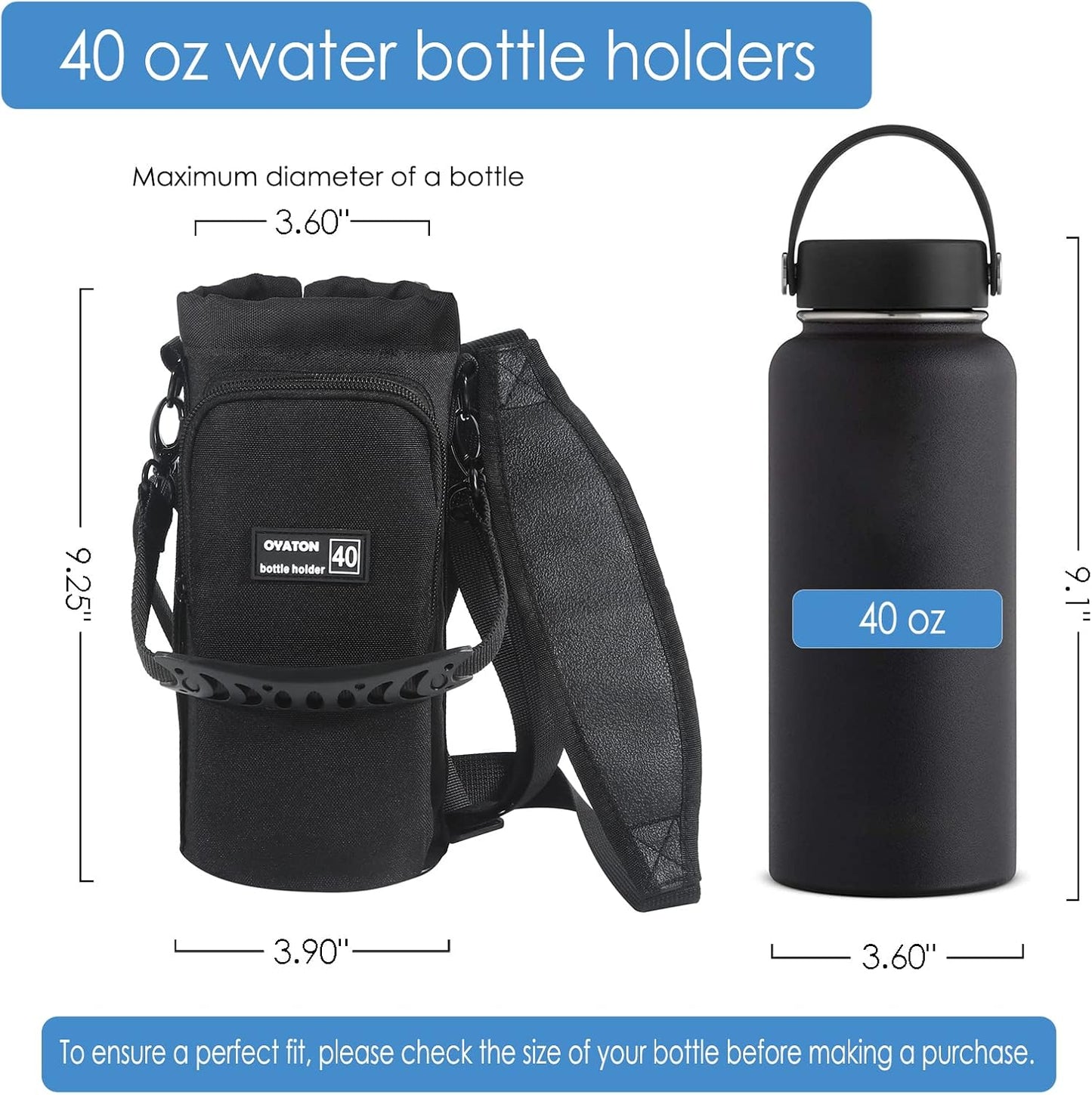32 oz - 64 oz Black Neoprene Bottle Holder with Strap and Pocket for Walking, Travel and Hiking