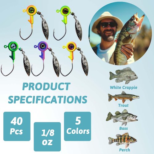 Bombite Crappie Jigs with Spinner 1/8 oz Underspin Fishing Jig Heads for Panfish Bass - 40pcs