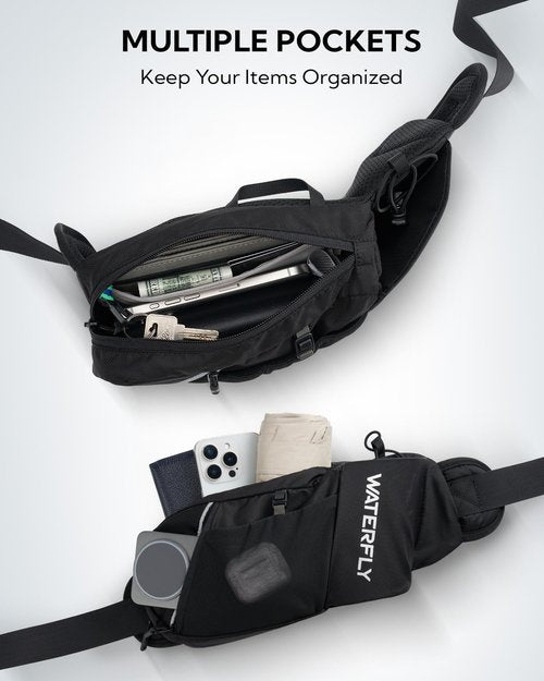 WATERFLY Fanny Pack Waist Bag: Hiking Water Bottle Holder with Strap Waist Pack for Women Men Hydration Hip Packs for Running Walking Traveling-Black
