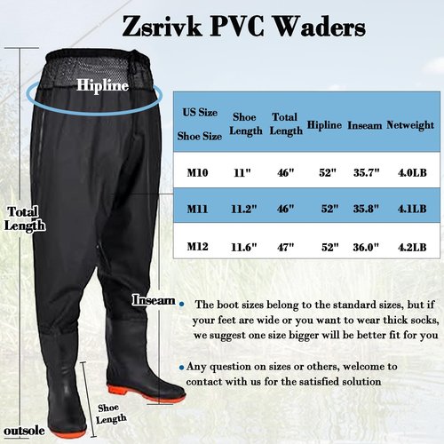 Zsrivk Fishing Waders with Boots, Nylon/PVC Waist Wader Pants Fishing Waders for Men Women, Waterproof Bootfoot Waders (M10)