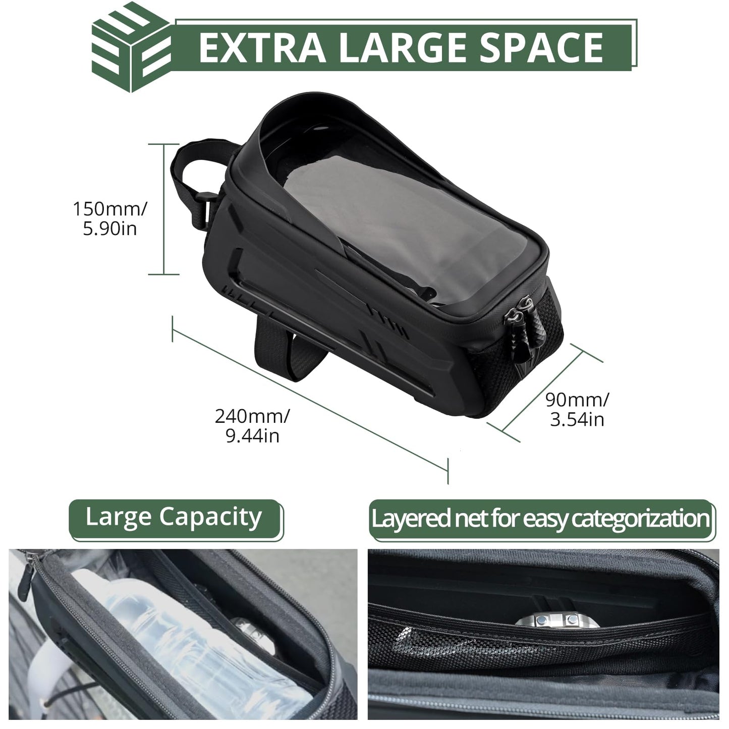 EYPINS Waterproof Bike Phone Bag - Bike/Bicycle Frame Bag for Phones Under 7.2", Bike Phone Holder/Mount, Top Tube Bike Bag with High Sensitivity TPU Touch-Screen, EVA Hard Case, Rain Cover