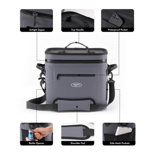 WOOVO 20 Can Cooler Bags Insulated, 100% Leakproof Design with Welded Seams, Soft-Sided Ice Chest for Camping, Picnic (Airtight Zipper, Adjustable Strap, Mesh Pockets, Bottle Opener), Grey