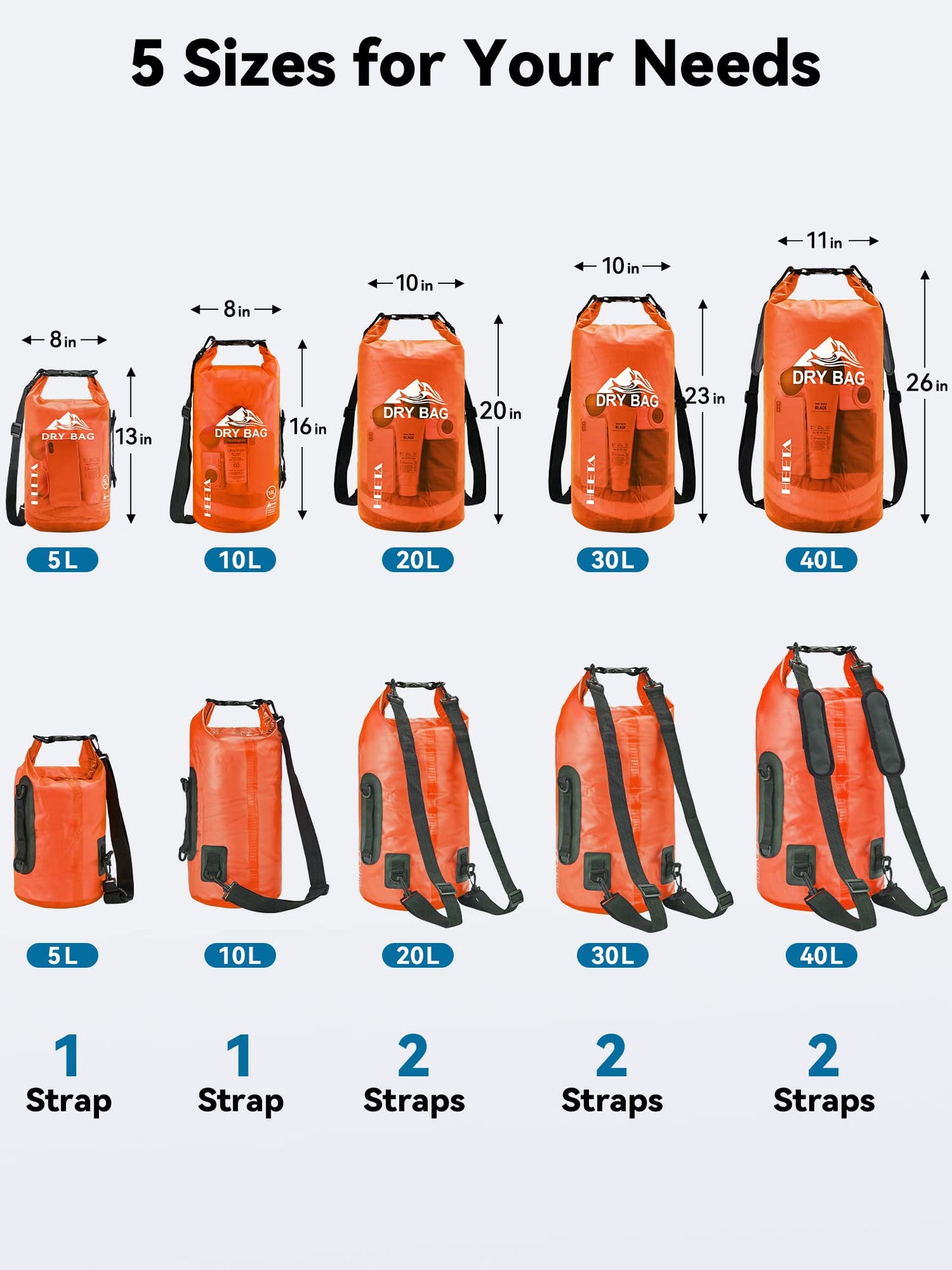 HEETA Dry Bag Waterproof for Women Men, Roll Top Lightweight Dry Storage Bag Backpack with Phone Case for Travel Swimming Boating Kayaking Paddle Board Camping Beach Accessories (Orange, 40L)